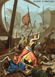 Jeanne de Montfort und La Bretagne (1342): Jeanne de Montfort unterstützte eine Seeschlacht in der Nähe von Guernsey. Chromolithographie aus der Serie "Patriotische Erziehung durch Bild".