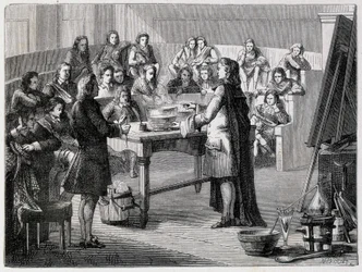 Joseph Black (1728 - 1799), britischer Chemiker und Physiker, experimentiert mit dem latenten Kalorikum vor den Studenten der Universität Glasgow