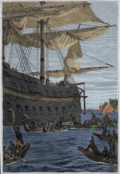 Reise von Samuel Wallis (1728-1795) nach Polynesien: Eingeborene halten Bananenblätter in der Hand als Willkommensgruß - Illustration aus „Die großen Seefahrer des 18. Jahrhunderts“