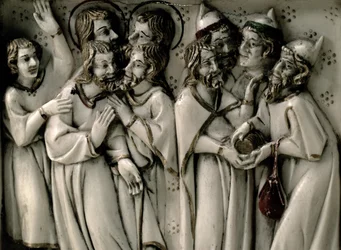 Judas erhält dreißig Silberlinge, Detail des Elfenbeindiptychons, französisch