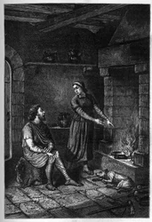 König Alfred der Große (849-899) vergisst die von der dänischen Hausfrau unter ihrem Dach in Athelney zubereiteten Kuchen und verbrennt sie, 878 (Gravur)