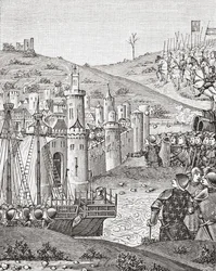 König Karl VII. verlässt Rouen und macht sich auf, die Stadt Harfleur zu belagern, nach einer Miniatur aus dem Manuskript Chroniques de Monstrelet aus dem 15. Jahrhundert, aus Wissenschaft und Literatur im Mittelalter von Paul Lacroix, London 1878