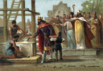 König Dagobert I. (600-639) überwacht den Bau der Kathedrale Saint Denis.