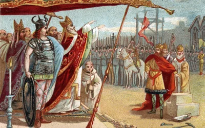 König Dagobert I. (605-639), Merowingerkönig der Franken, legt 629 bis 634 den Grundstein der Basilika von Saint Denis in Anwesenheit von Saint Eloi. Chromolithographie aus dem späten 19. Jahrhundert.