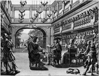 König Ludwig XIII. (1601-43) und Königin Anna von Österreich (1601-66) bei der Aufführung von Mirame im Palais Cardinal, Paris, 1641