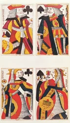 König und Königin spielen Karten (farbiger Holzstich)