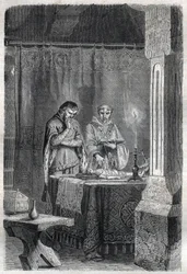 König von Frankreich Karl V. der Weise (1338 - 1380) konsultierte die Wahrsager. Gravur in „Geschichte der Päpste (...) Verbrechen der Königin, Könige und Kaiser durch die Jahrhunderte“ von Maurice Lachatre