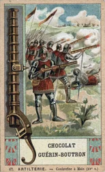 Ritter, der eine Handkulevrine aus dem 15. Jahrhundert manövriert. Chromolithographie des 19. Jahrhunderts von Guérin-Boutron Schokoladen