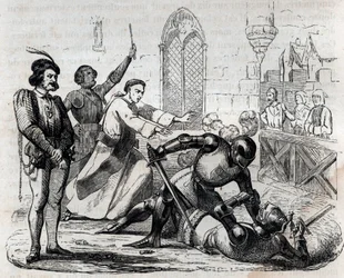 Der Fall Carrouges 29. Dezember 1386 - letzter gerichtlicher Zweikampf - Duell zwischen Jacques le Gris (1330-1386) und Jean de Carrouges - Gravur in 