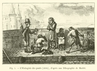 Der Schaufensterdekorateur der Brücken, 1818, nach einer Lithographie von Marlet