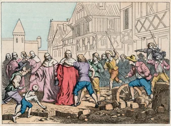 La Fronde (27. August 1648) - Barrikaden in Paris: ein Rotorjunge bedroht den Präsidenten des Parlaments, Mathieu Mole (1584-1656) - Präsident Mole von Aufständischen misshandelt - Gravur Ende des 19. Jahrhunderts in „Nos Gires Nationales - Images et récit