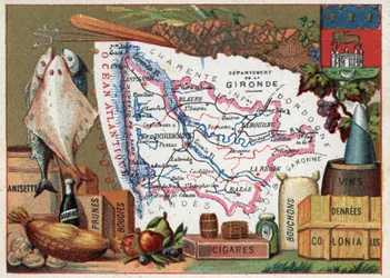 La Gironde (33), Aquitanien, Frankreich. Lokale Spezialität: Fisch, Anisette, Bordeauxwein, Pflaumen, Kerzen, Zigarren, Korken und Kolonialwaren. Serie über die französischen Departements. Chromolithographie „der geografische Faden“, um 1920. Private Samml