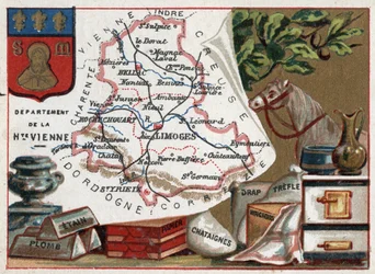 La Haute Vienne, Limousin, Frankreich. Zinn, Blei, Kastanienpapier, Bettlaken, Klee und Taschentücher. Serie über die französischen Departements. Chromolithographie, ca. 1920. Privatsammlung.
