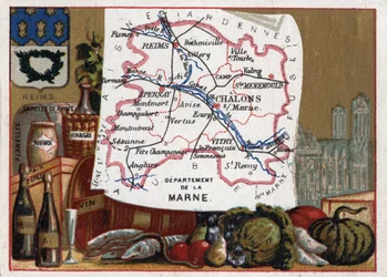 La Marne (51) in Champagne Ardenne (Champagne-Ardenne), Frankreich. Lokale Spezialitäten: Champagner und die Kathedrale von Reims. Serie über die französischen Departements. Chromolithographie „der geografische Faden“, um 1920. Private Sammlung