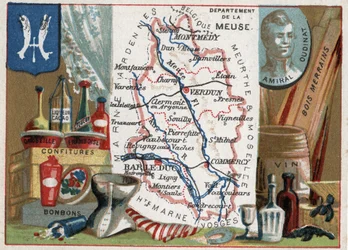 La Meuse (55), Lothringen, Frankreich. Porträt von Admiral Oudinat (eigentlich Nicolas Charles Marie Oudinot, Herzog von Reggio 1767-1847), Marschall des Kaiserreichs. Lokale Spezialität: Stachelbeere und Himbeerlikör, Süßigkeiten, Wein und Merrains-Holz. 