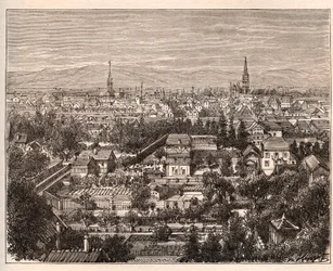 Die Stadt Mülhausen (Haut-Rhin) - Gravur in „La France illustrée: Geographie, Geschichte, Verwaltung, Statistik“ von V.A. Malt-Brown. 1884