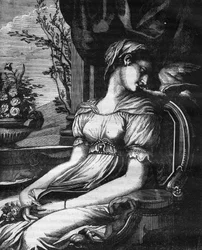 Lais, ursprünglich aus Sizilien, wurde gefangen genommen und als Sklavin nach Korinth gebracht. Sie wurde die Geliebte von Aristippe, Demosthenes und Diogenes dem Zyniker. Gravur in „Die Geschichte der Prostitution und Ausschweifung unter allen Völkern der
