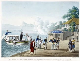 Landung in der portugiesischen Siedlung Dillè, Insel Timor
