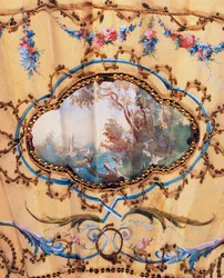 Landschaft, Detail eines Handfächers, der Rast während der Jagd darstellt, bemalte Seide und Knochen, erstellt von Felix Alexandre