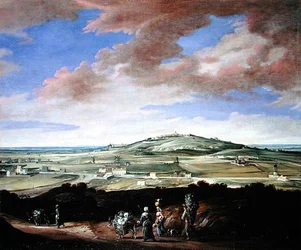 Landschaft mit einer Stadt auf einem Hügel