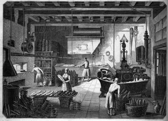 Große französische Industrien im 19. Jahrhundert: Drouot-Geräte zum Backen. Bäckerei von M. Courcier, Rue Saint Maur in Paris. In „Le Monde illustré“ 1862