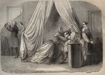 Die letzten Momente von Charles Lafarge (1811-1840), Ehemann von Marie Fortunée Capelle, Marie Lafarge (Madame) (1816-1852) französische Kriminelle - Gravur in „Causes célèbres de tous les peuples“ von Armand Fouquier (1817-18?) 1858-1867 - private Sammlun