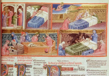Guter Mann wird in den Himmel und gieriger Mann in die Hölle gebracht, aus der Hebraica Romana Gallica