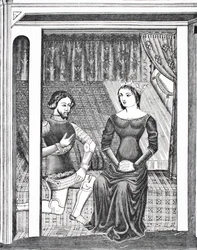 Lancelot und Guinevere, nach einer Miniatur aus einem Manuskript des 14. Jahrhunderts, aus Wissenschaft und Literatur im Mittelalter von Paul Lacroix, London 1878
