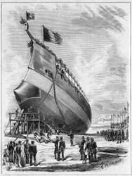 Stapellauf des Panzerschiffs „La Galissonniere“, 7. Mai 1872 im Hafen von Brest, Finistère (29). Gravur in „Le Monde Illustré“ Nr. 789 vom 25. Mai 1872.