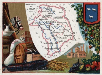 Le Cher (18), Centre, Frankreich. Serie über die französischen Departements. Bier, Gerste, Leder, Wein und Messer. Chromolithographie „der geografische Faden“, um 1920. Private Sammlung