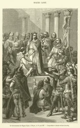 Die Krönung von Hugo Capet in Noyon, am 1. Juni 987 (Gravur)