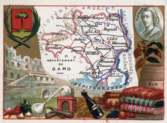 Le Gard (30), Languedoc-Roussillon, Frankreich - Lokale Spezialität: Eau de Vie (Destillationsapparat) und Wein - Porträt von Jean-Pierre-Claris (Jean Pierre Claris) de Florian (1755-1794) - Serie über die französischen Departements - Chromolithographie