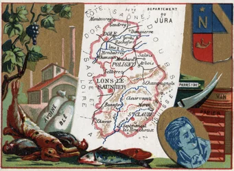 Le Jura (39), Franche-Comté, Frankreich. Lokale Spezialitäten: Jagd, Hafer, Weizen, Edelsteine, Wein und Papier. Porträt von Rouget de L