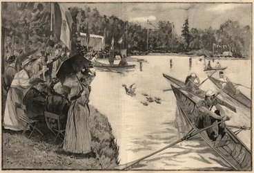 Le Lendit de Paris: Schulregatten am großen See im Bois de Boulogne - Gravur von 1894 nach der Zeichnung von Herrn Lunel
