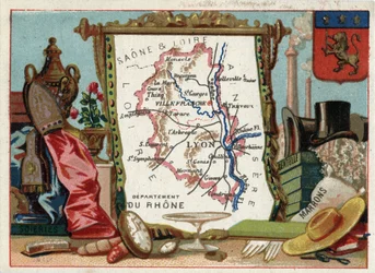 Le Rhone, Rhone-Alpes, Frankreich. Lokale Spezialität: Seide, Braun, Spitze. Serie über die französischen Departements. Chromolithographie, ca. 1920. Privatsammlung.