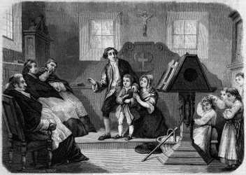 Le Salon de 1857 - Erstes Debüt von Lesueur, Komponist von Musik, von Laurent Detouche. Jean François Lesueur (1760-1837), als Chorknabe. Gravur in „Le Monde Illustré“ Nr. 22 vom 12. September 1857.