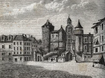 Le Vieux Paris - le Grand Chatelet - Gravur in „Physical, civil and moral history of Paris: from the earliest historical times to the present day“ von Jacques Antoine Dulaure