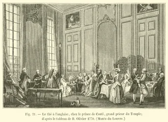 Der englische Tee beim Prinzen von Conti, Großprior des Tempels (nach dem Gemälde von B. Olivier 1770, Louvre)