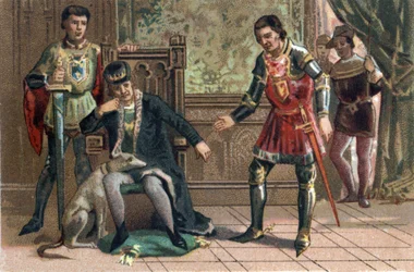 Liga des Gemeinwohls: König Ludwig XI. trifft Karl den Kühnen in Peronne, Herzog von Burgund. Chromolithographie um 1890.