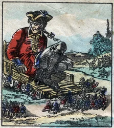 Lemuel Gulliver, ein Gefangener, wird auf einem von den Lilliputanern gezogenen Wagen transportiert. Illustration für „Gullivers Reisen“ von Jonathan Swift (1667-1745). Epinal Imaging Ende des 19. Jahrhunderts.