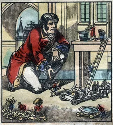 Lemuel Gulliver, Berater der Armee von Lilliput. Illustration für „Gullivers Reisen“ von Jonathan Swift (1667-1745). Epinal-Bild Ende des 19. Jahrhunderts.