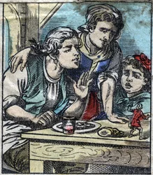 Lemuel Gulliver auf dem Tisch der Familie Glumdalclitch, im Land der Riesen von Brobdingnag. Illustration für "Gullivers Reisen" von Jonathan Swift. Epinal-Bildgebung Ende des 19. Jahrhunderts.
