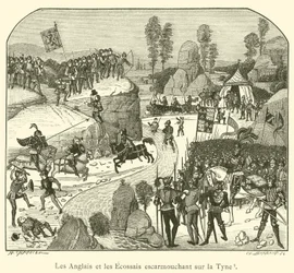 Die Engländer und die Schotten kämpfen an der Tyne (Stich)