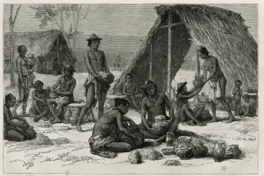 Die Galibi-Indianer (oder Kalinas) beim Töpfern, Gravur von D. Maillart zur Illustration der Erkundungsreise im Inneren von Guayana durch Dr. Jules Crevaux, Arzt der französischen Marine, in den Jahren 1876-1877, veröffentlicht in Le Tour du monde, unter d