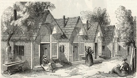 Die Chalets der Salpêtrière für die aufgeregten Verrückten - Gravur in „Tableau-de-Paris“ von Edmond Texier 1852