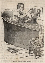 Die Gesten des Bades - Hygiene im 19. Jahrhundert - Mann in einer Badewanne - Gravur in La Sante Universelle - Guide Medical des Familles 1852