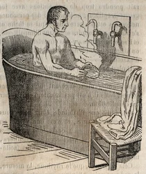 Die Gesten des Bades - Hygiene im 19. Jahrhundert - Mann in einer Badewanne - Gravur in La Sante Universelle - Guide Medical des Familles 1852