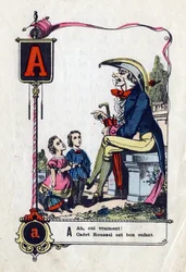 Buchstabe A wie „Ah ja, wirklich, Kadett Roussel ist ein Kind“. Komisches Alphabet (Abecedarium) in berühmten Sprüchen. Bild von Epinal, ca. 1850-1860. Dim: 21x15cm. Private Sammlung