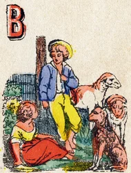 Buchstabe B Schäfer. Gravur in "Alphabet des jeux"