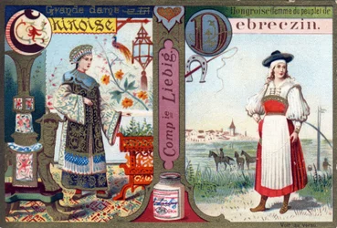 Buchstabe C als große chinesische Dame und D als Ungarin von Debreczin. Frauenalphabet. Serie von 12 Bildern. Liebig-Werbung